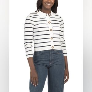 NWT - Rachel Zoe White & Navy Striped Long Sleeve Knit Cardigan Size XL